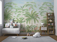 Pink heron bird standing among jungle flowers wall mural for kids area.