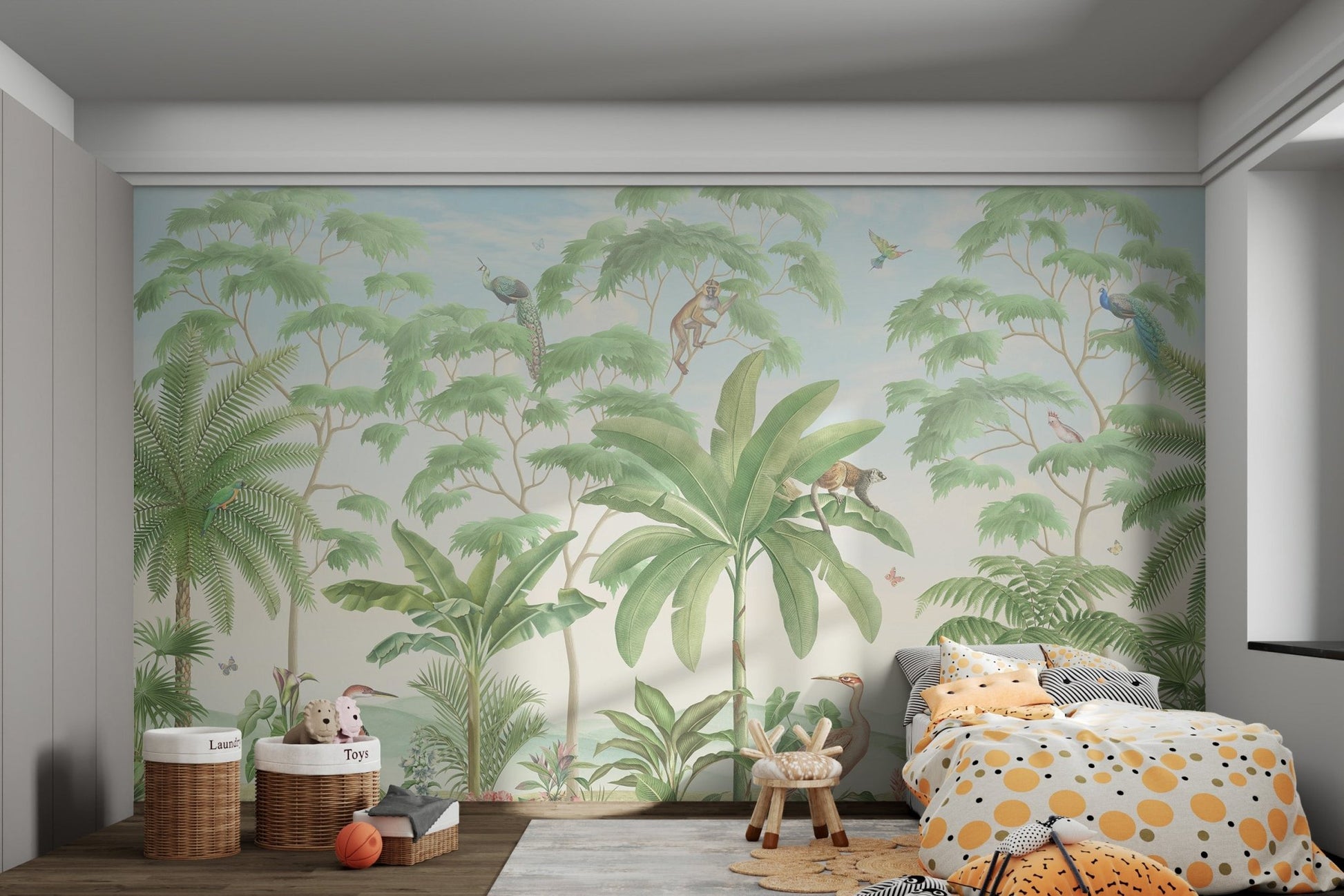 Blue peacock perched on tree branch mural for kids bedroom walls