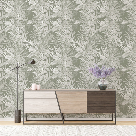 Tropical Leaf Pattern Self Adhesive Wallpaper For Walls behind a modern sideboard