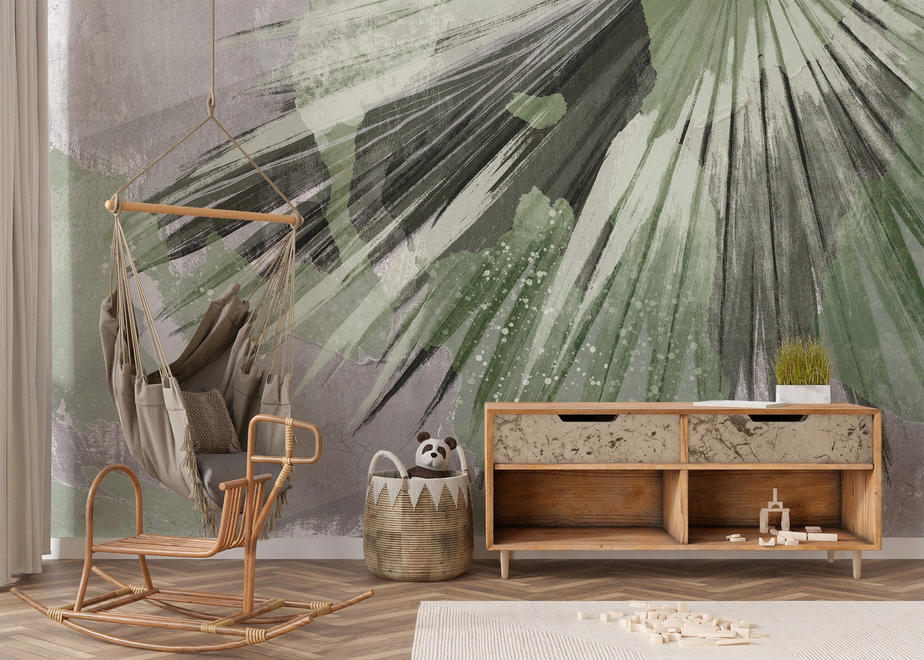 Vibrant tropical leaf wallpaper mural design
