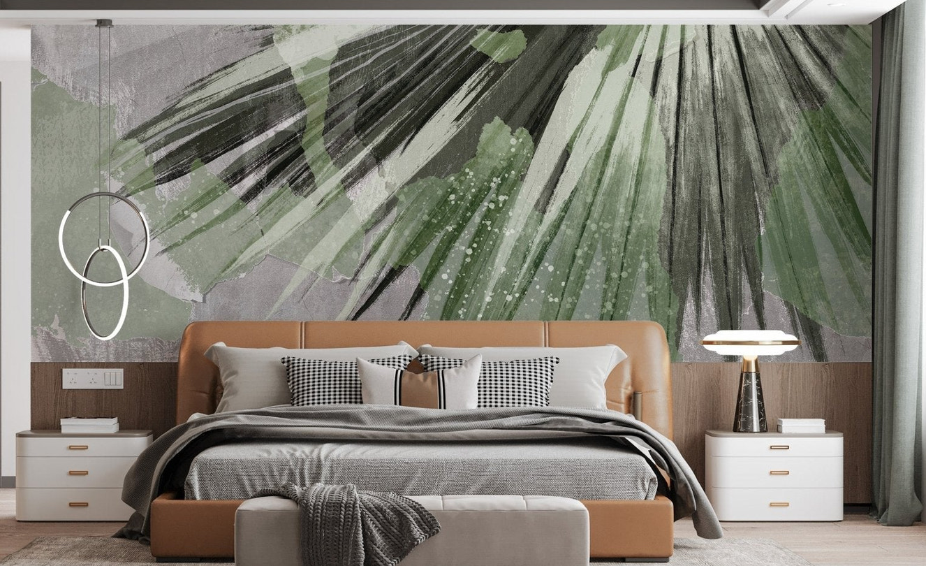 Tropical leaf wallpaper mural green palm artwork wallpaper.