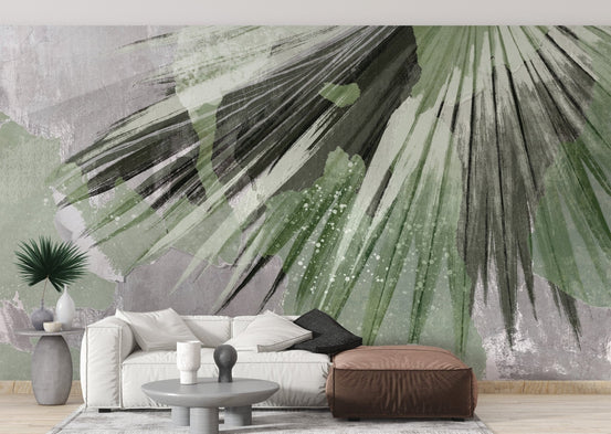 Contemporary tropical wall mural with artistic brush strokes.