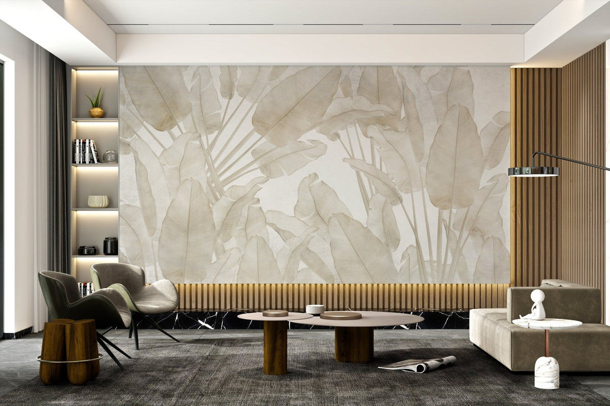 Lush tropical leaves mural for a foggy forest living room backdrop. 