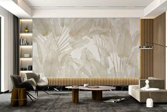 Lush tropical leaves mural for a foggy forest living room backdrop. 