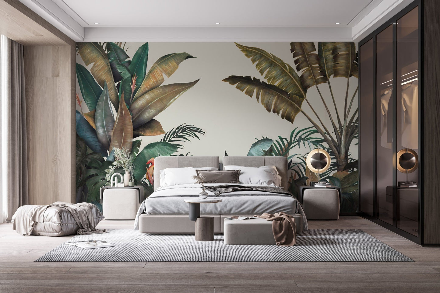 Tropical monochrome paradise wall mural in a bedroom with grey textiles.