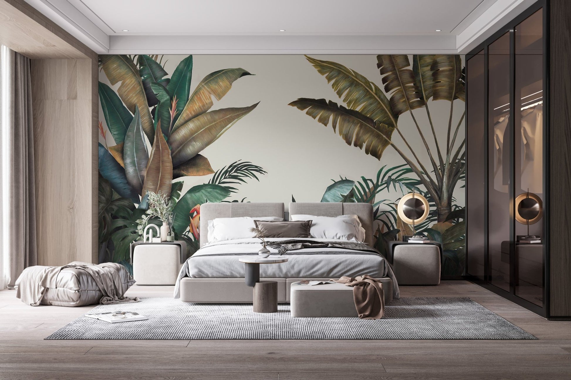 Tropical monochrome paradise wall mural in a bedroom with grey textiles.