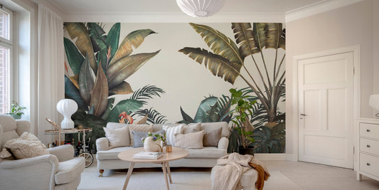Tropical monochrome paradise wall mural in a bright living room with beige sofa.
