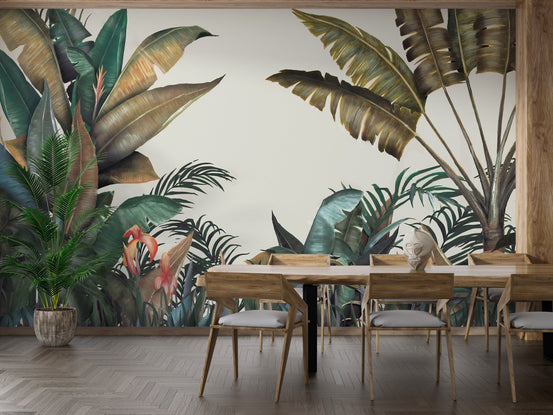 Green and tan palm paradise wall mural in a contemporary dining area.