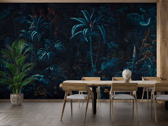 Moody jungle botanicals on black background wallpaper.