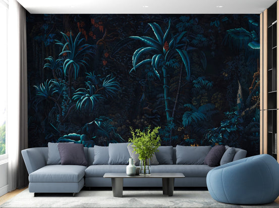 Blue tropical leaves with dark scenery wall mural.