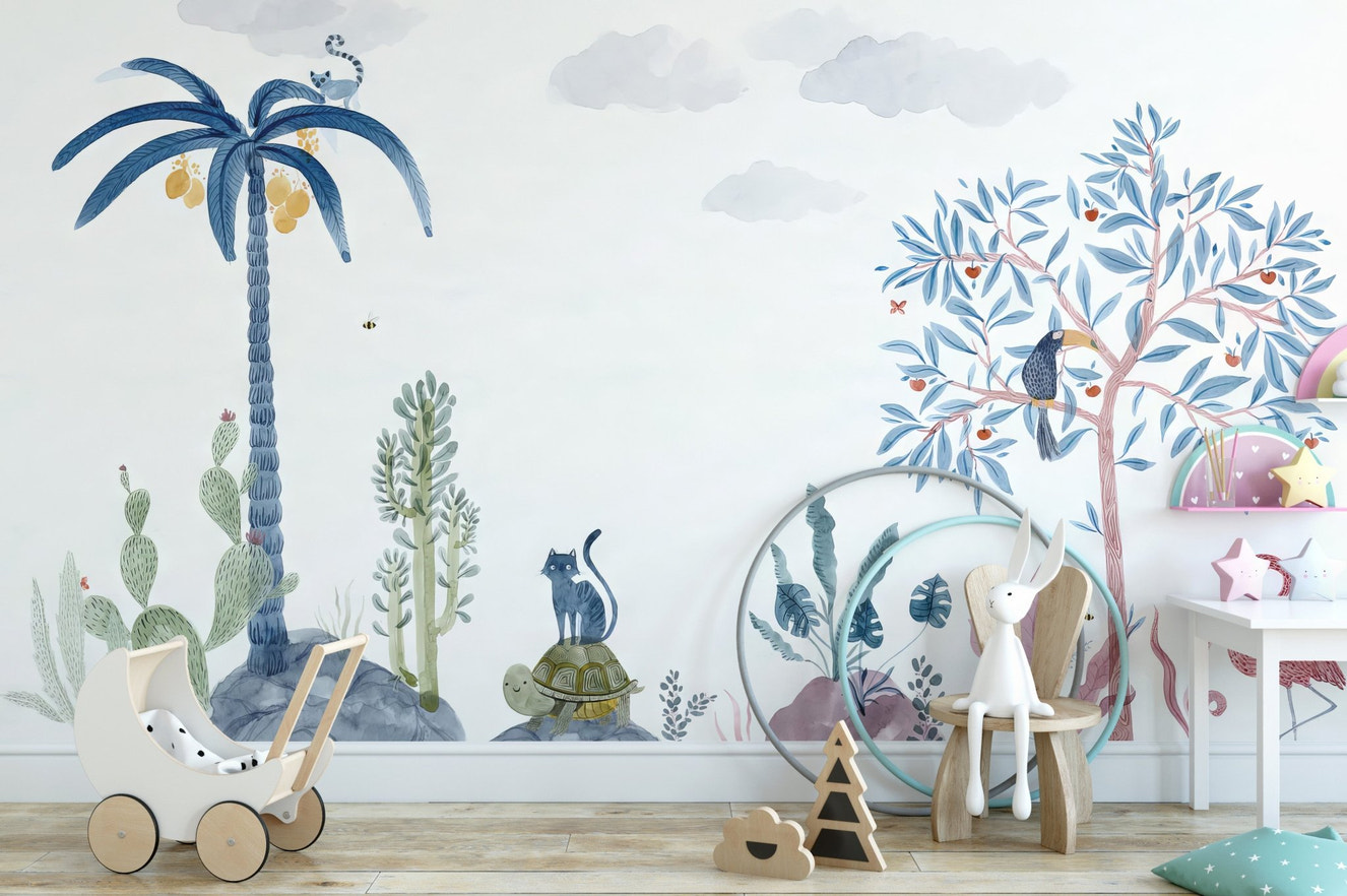 Artistic tropical wallpaper mural with flamingo and leafy tree.