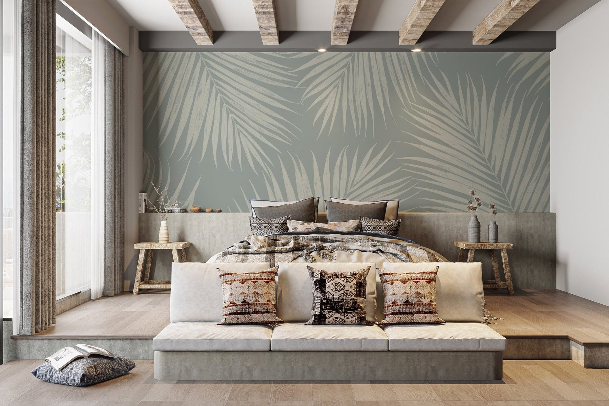 Tropical palm leaf wallpaper mural in muted sage and ivory tones.