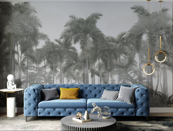 Tropical palm leaves wall mural for modern hallway area.