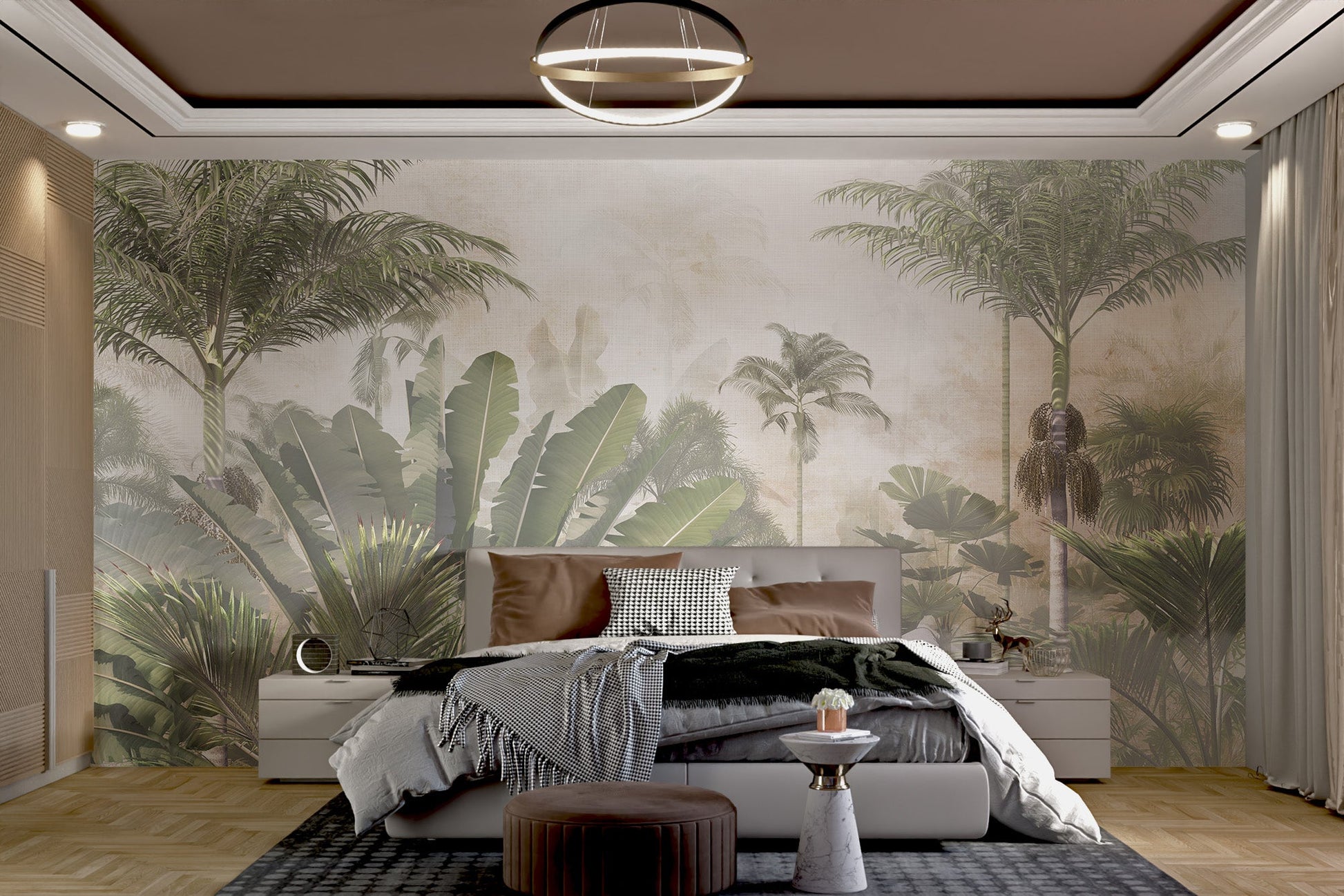 Relaxing tropical wall mural with palm tree designs in modern bedroom.