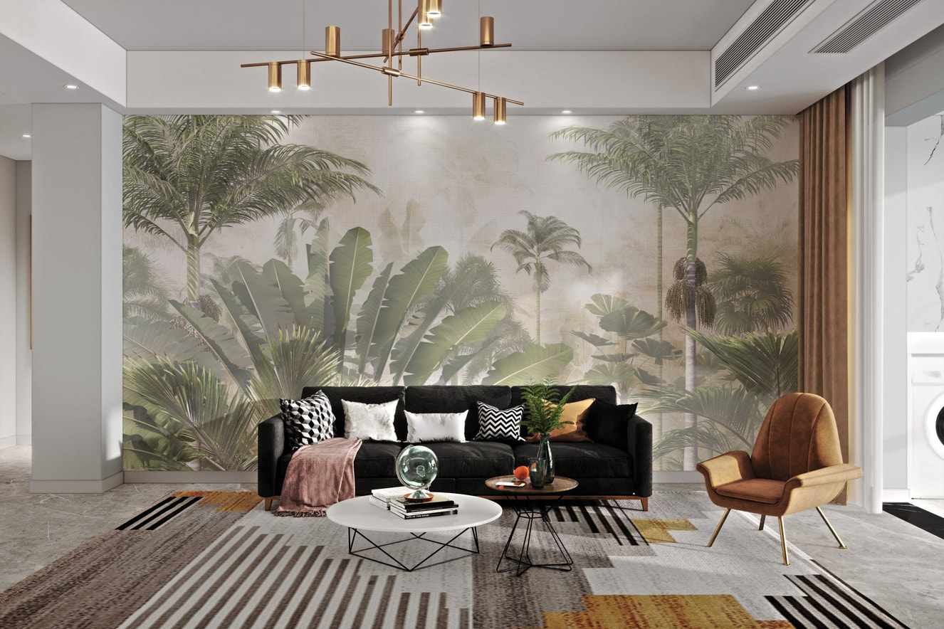 Nature-inspired tropical wall mural for calming living room ambiance.