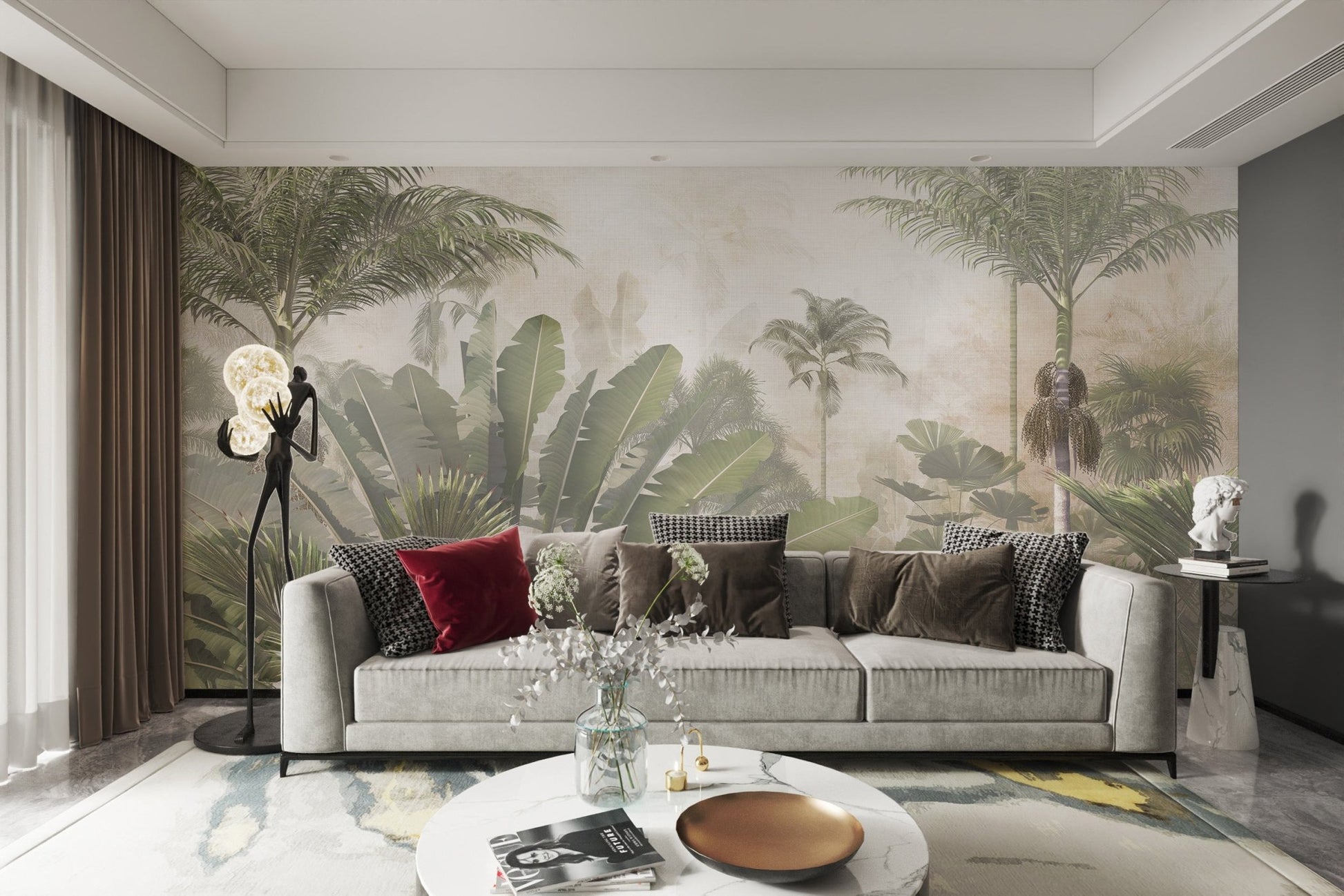 Tropical botanical wall mural with green fronds and neutral background.