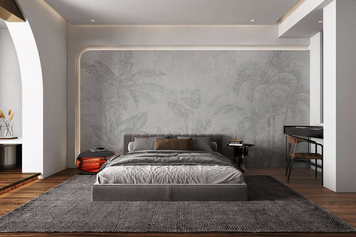 Hand-drawn jungle plant wall mural with monstera and palm trees