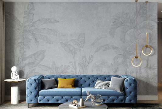 Neutral grey tone botanical tree wall mural for living room.