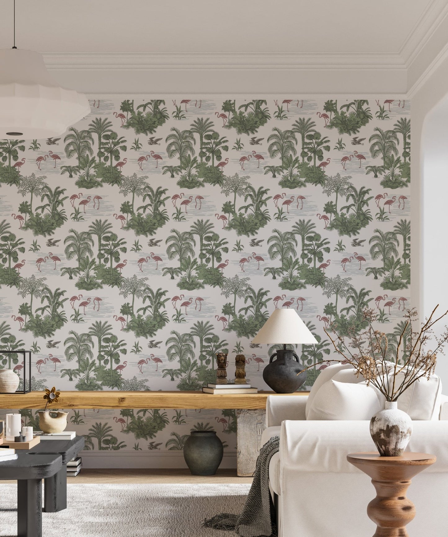 Tropical palm tree wallpaper in a living room with a sofa and wooden furniture.