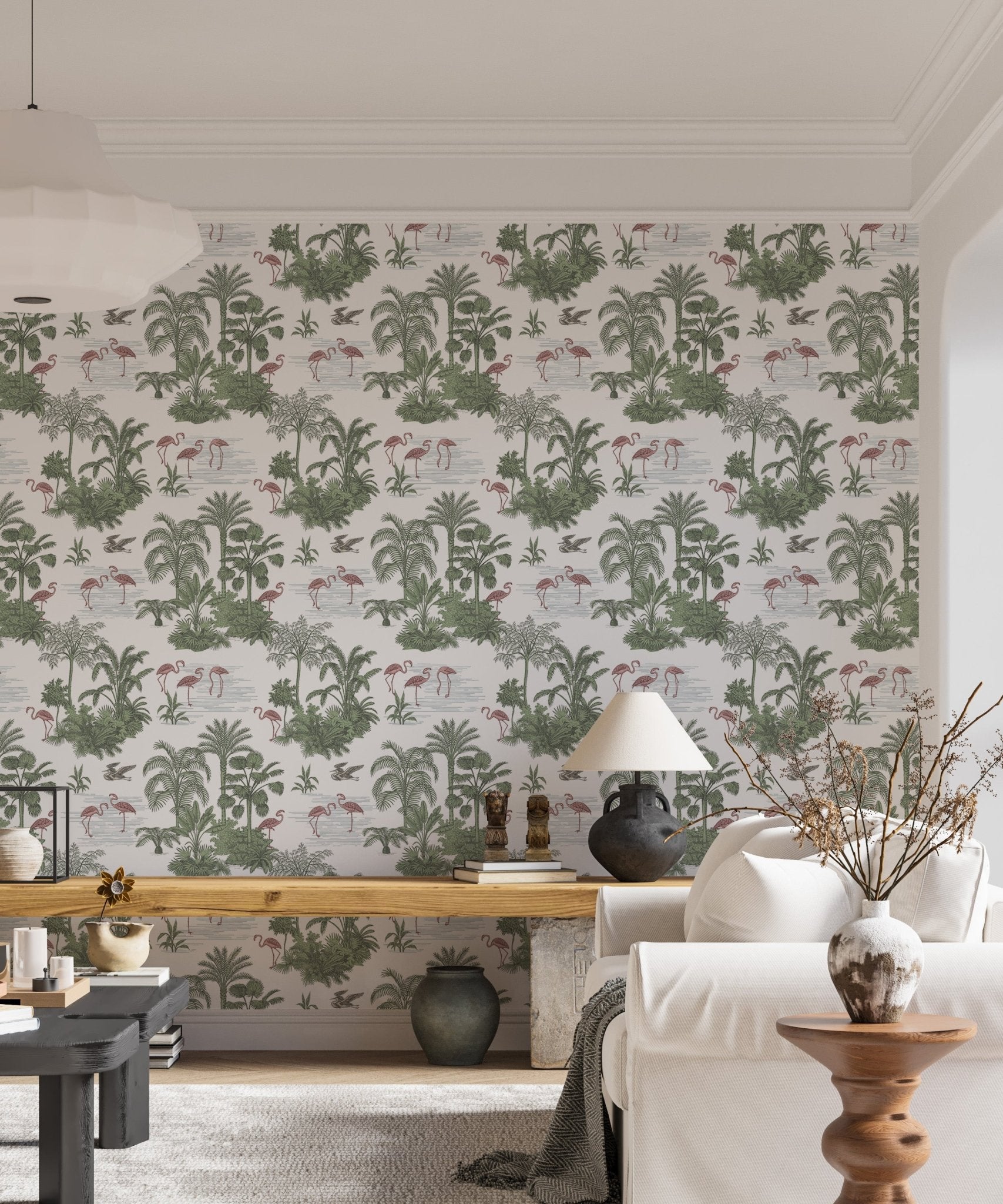 Tropical palm tree wallpaper in a living room with a sofa and wooden furniture.