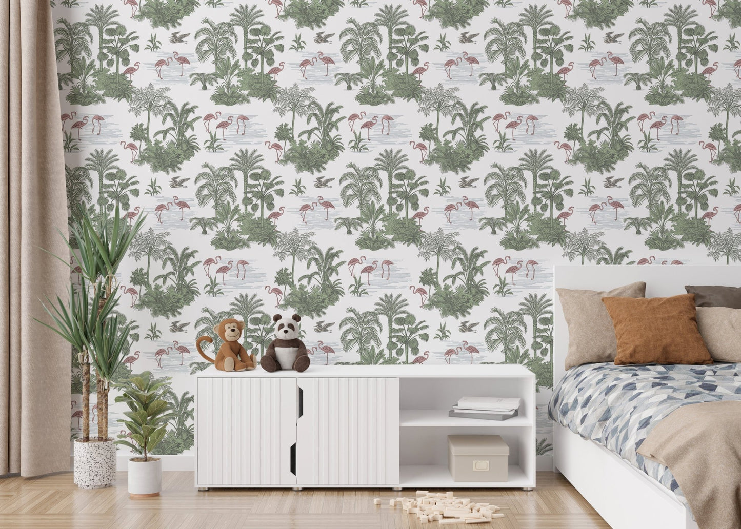 Jungle Toile Wallpaper behind a white console and bed in a bedroom.
