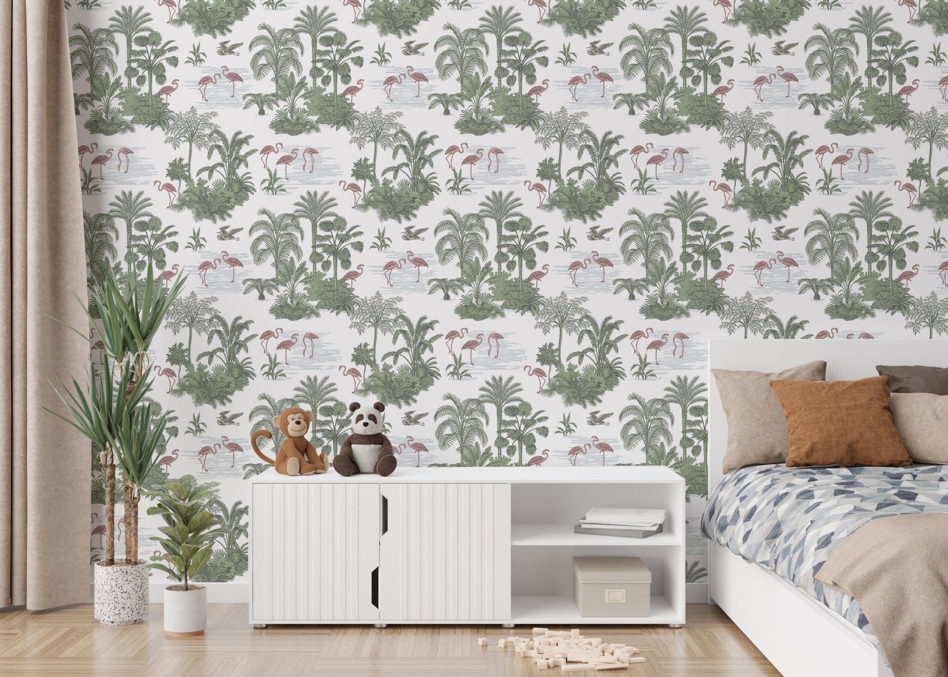 Jungle Toile Wallpaper behind a white console and bed in a bedroom.