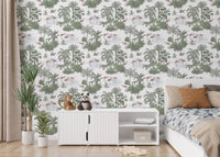 Jungle Toile Wallpaper behind a white console and bed in a bedroom.