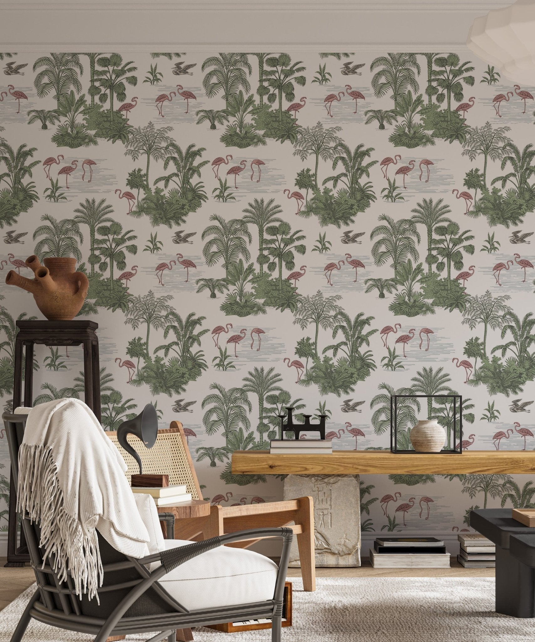 Tropical palm tree wallpaper in a living space with a white chair.