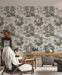 Tropical palm tree wallpaper in a living space with a white chair.