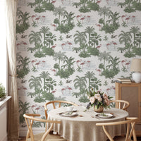 Flamingo Jungle Toile Wallpaper in a dining area with a round table and chairs.