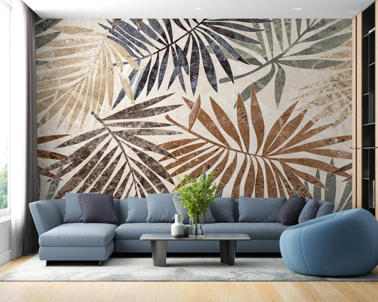 Decorative palm leaf wall mural in rustic brown and muted teal.