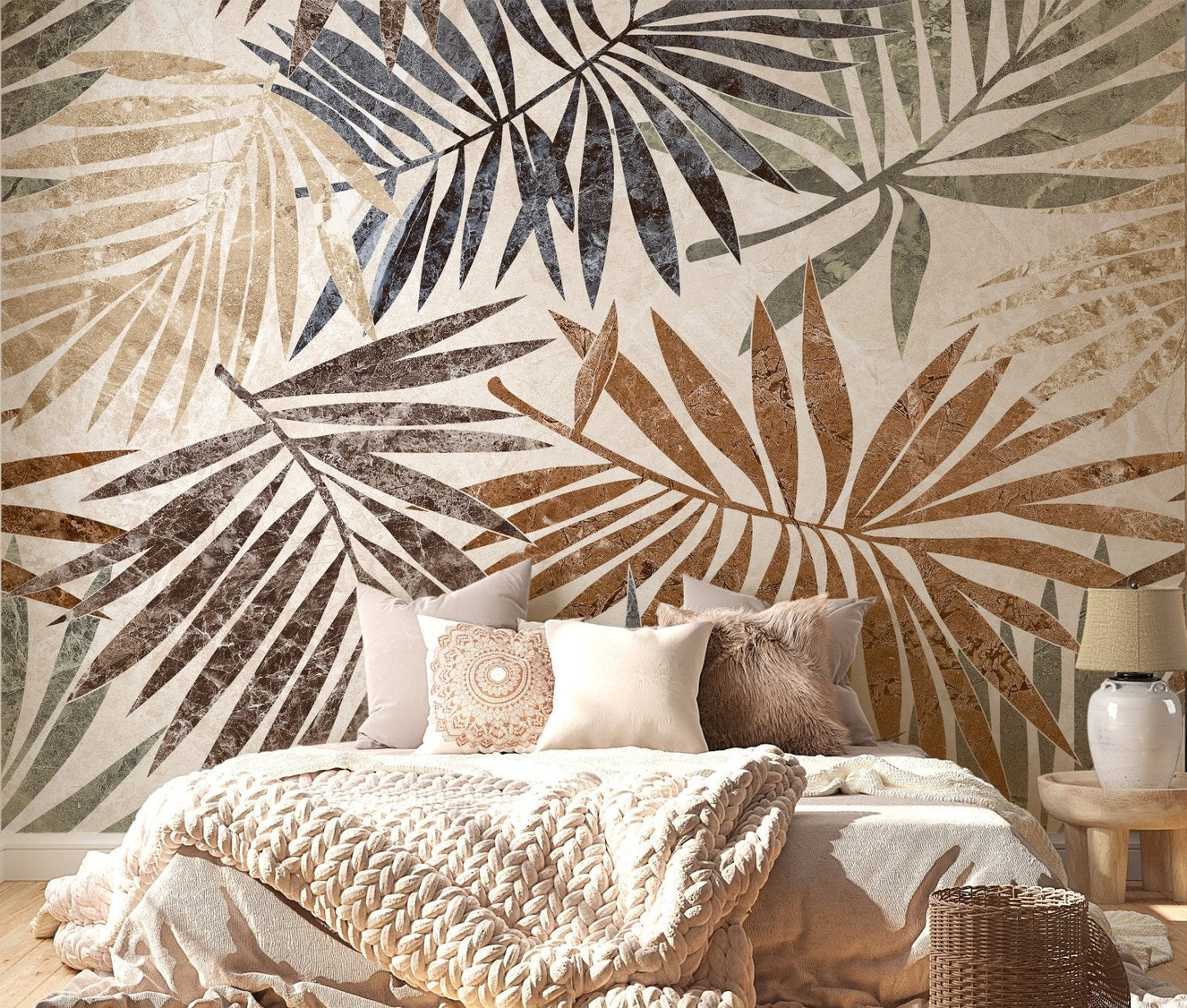 Botanical palm leaf wall mural in earthy brown and blue shades.