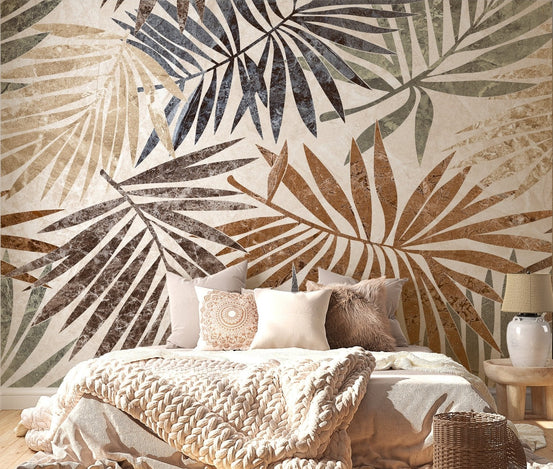 Botanical palm leaf wall mural in earthy brown and blue shades.
