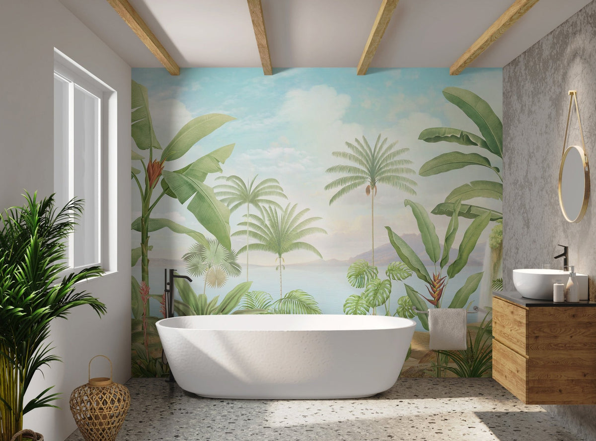 Botanical wall mural featuring blue water and mountains in bathroom.