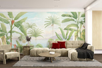 Green palm trees and tropical plants on botanical wall mural.