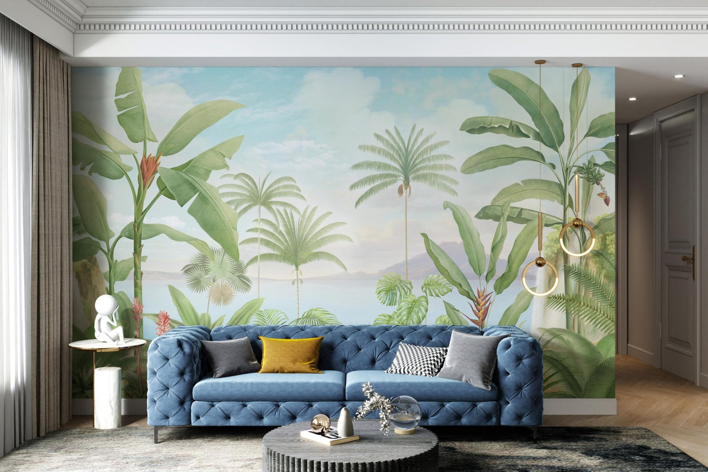Tropical Paradise Botanical Wall mural with red exotic flowers.