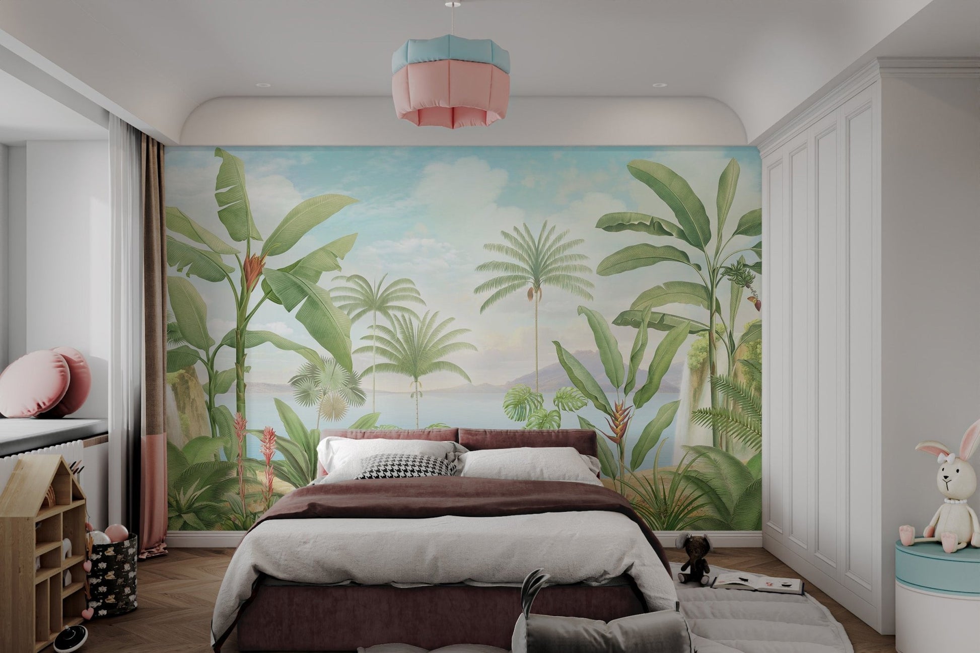 Green and blue botanical wall mural with a lake background.