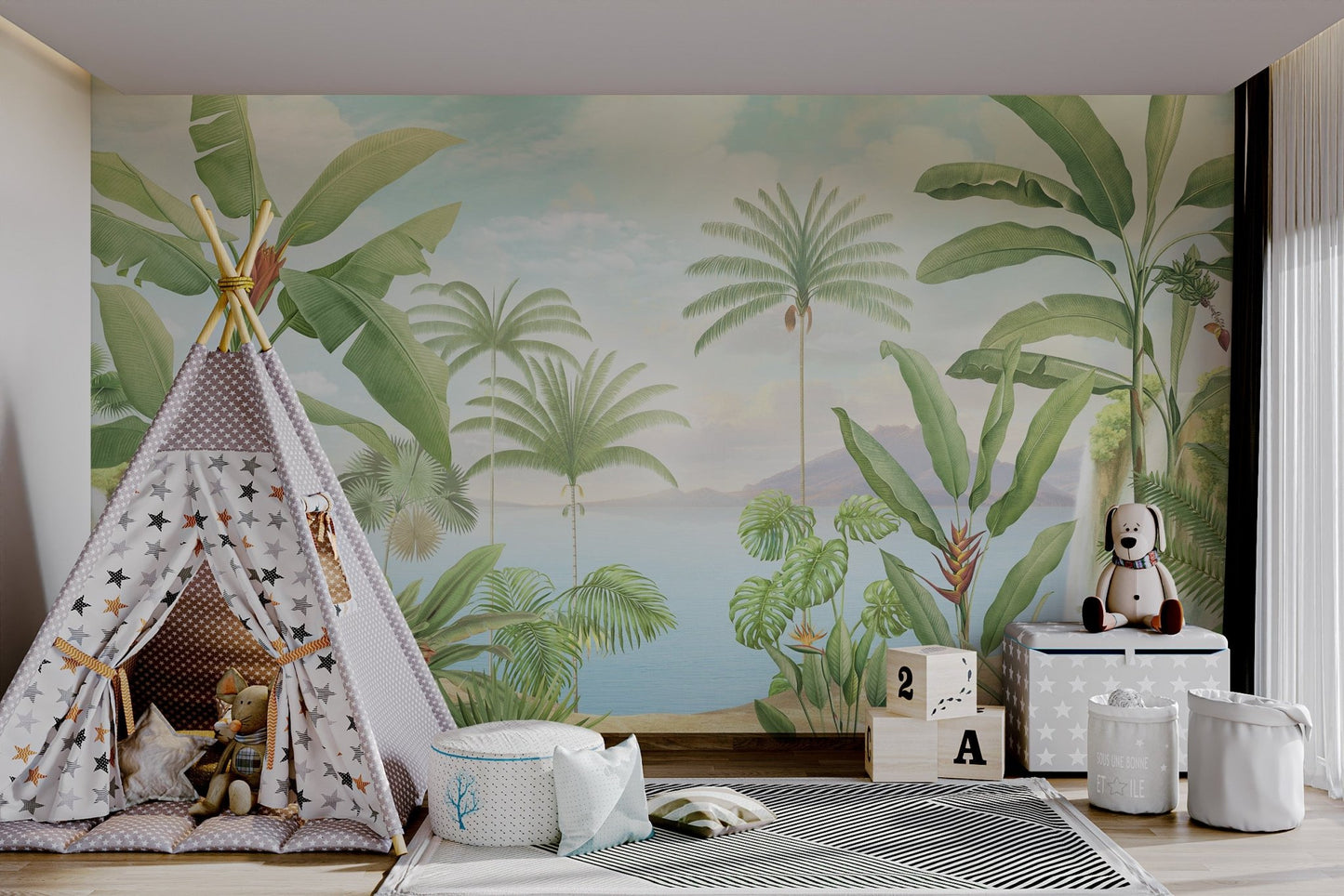 Detailed botanical illustration of banana leaves on wall mural.