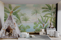 Detailed botanical illustration of banana leaves on wall mural.