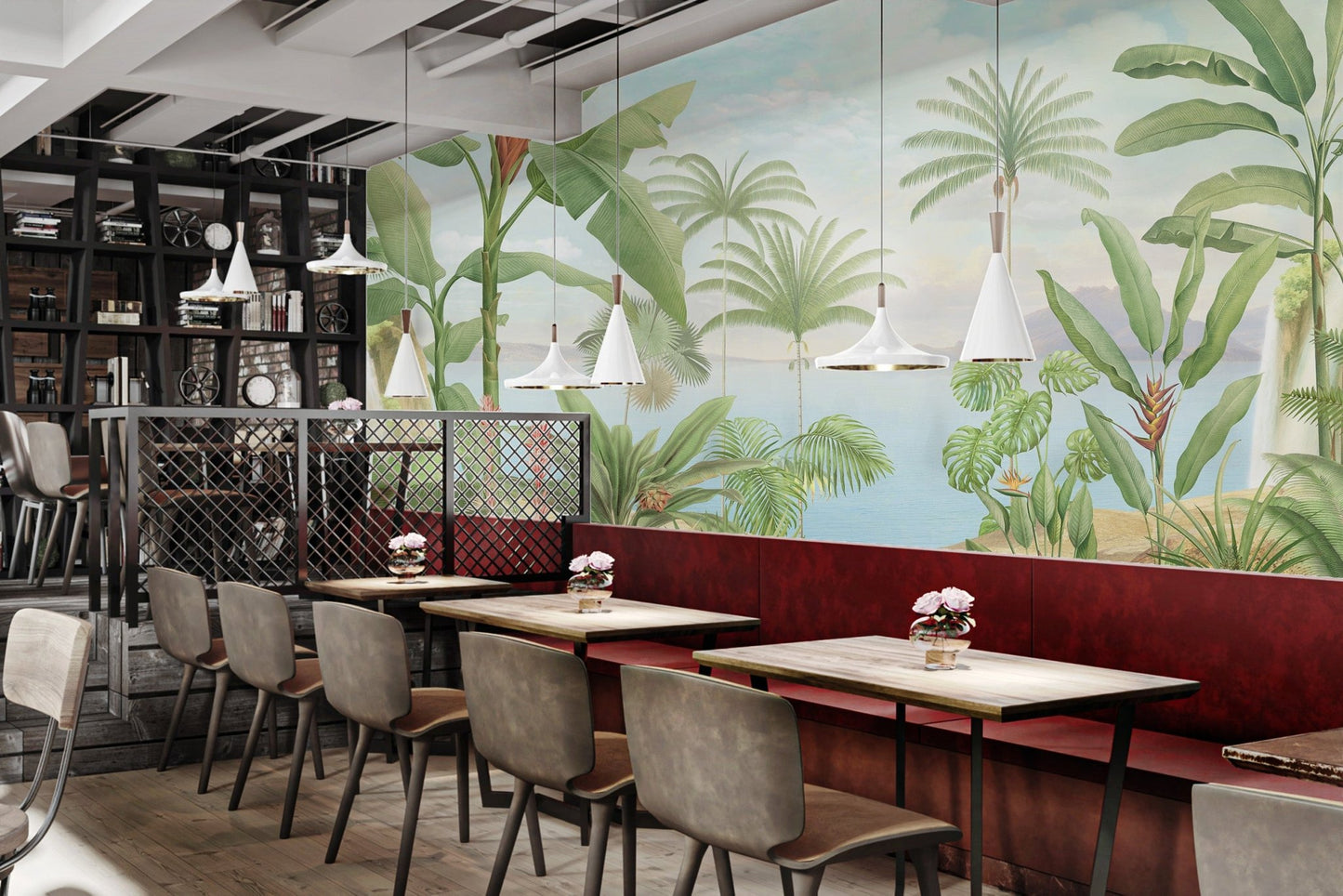 Soft blue sky and water landscape in tropical wall mural for restaurant area.