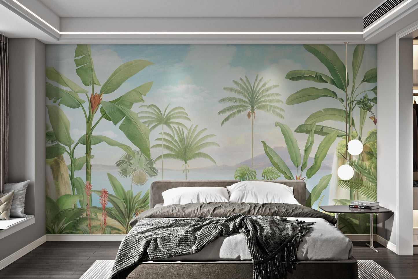 Pastel color landscape wall mural with palms and mountains in bedroom.