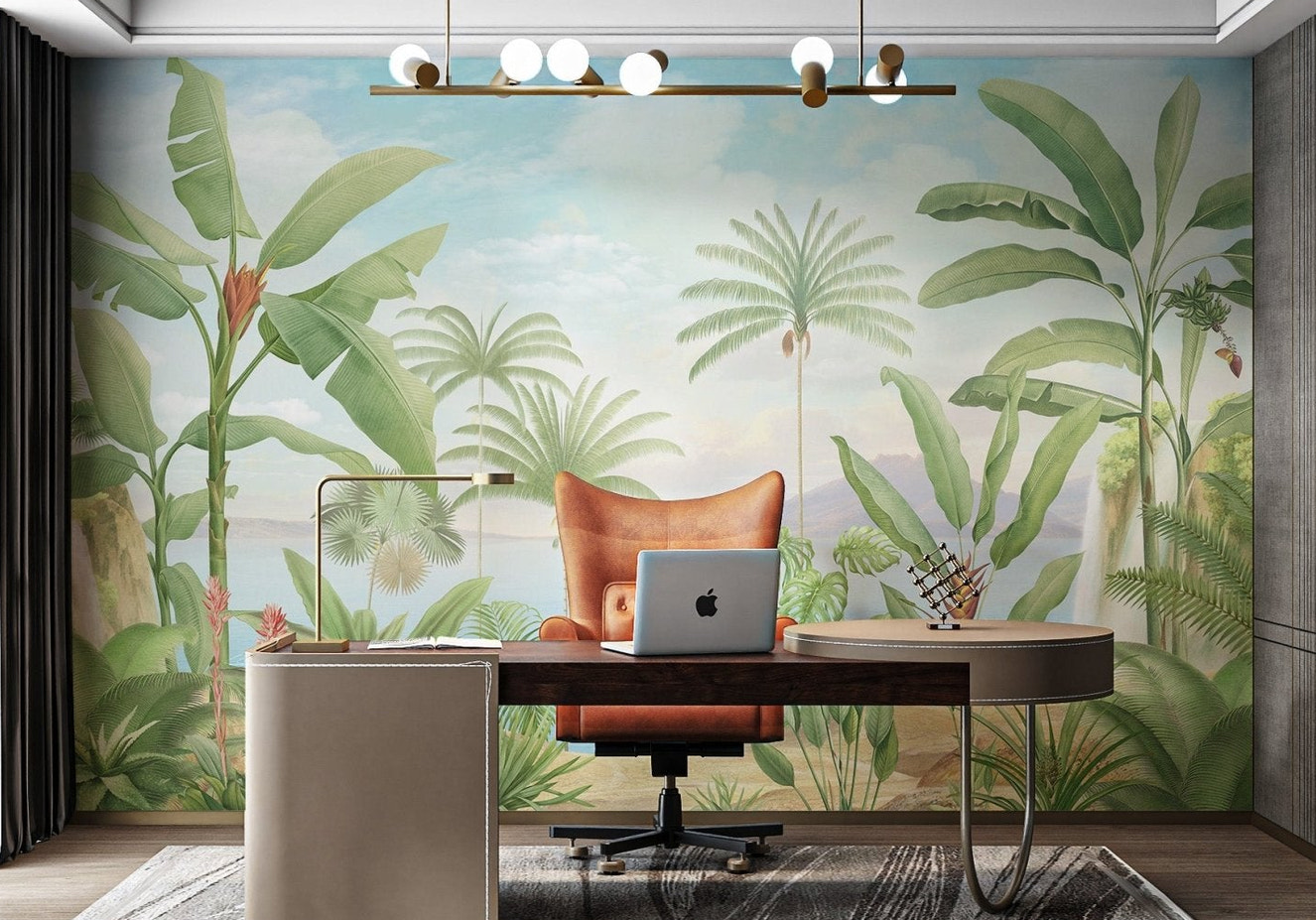 Hand painted style banana tree and palm botanical wall mural for office.
