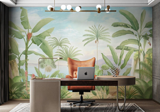 Hand painted style banana tree and palm botanical wall mural for office.
