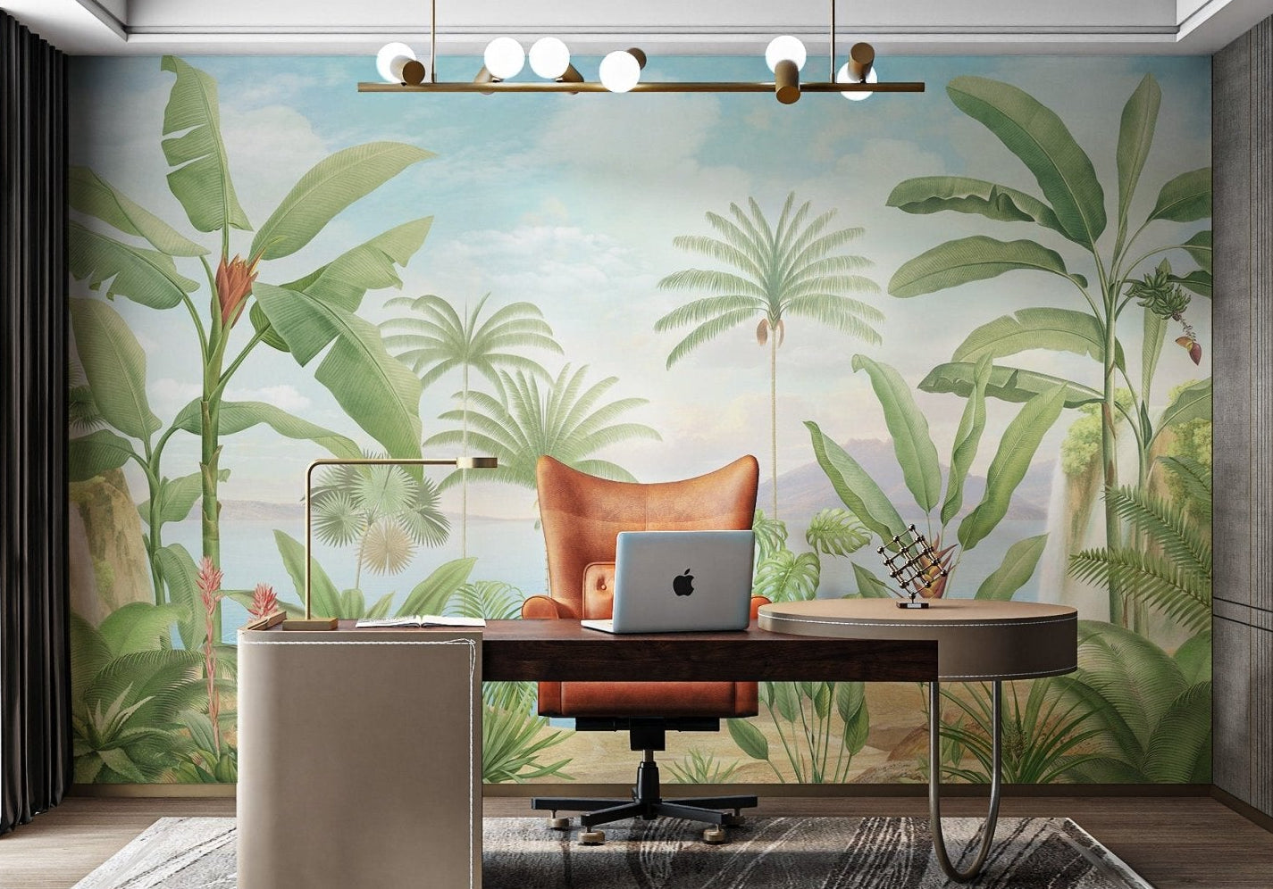 Hand painted style banana tree and palm botanical wall mural for office.