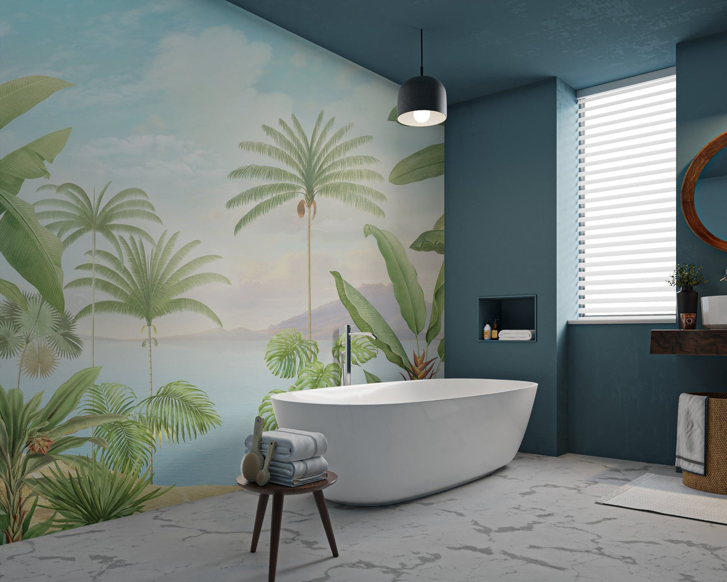 Large monstera and palm tree botanical wall mural for bathroom.