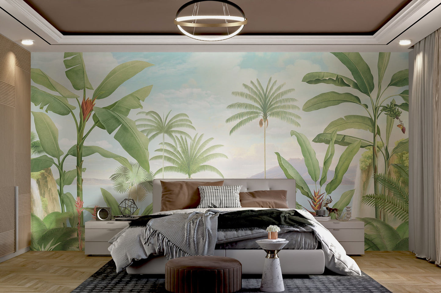 Tropical mural for feature wall with exotic plant life in master bedroom.