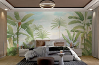 Tropical mural for feature wall with exotic plant life in master bedroom.