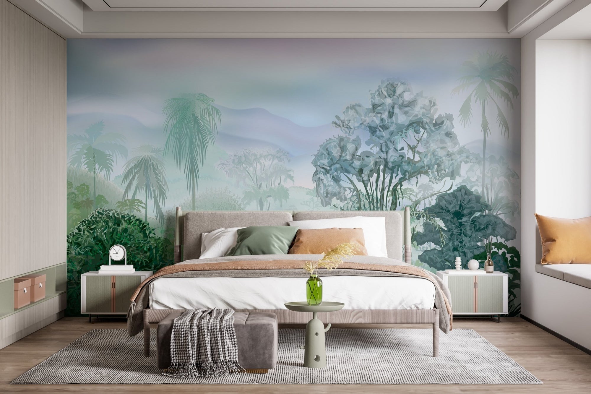 Bedroom with Tropical Paradise in Rain Wall Murals behind a grey bed.