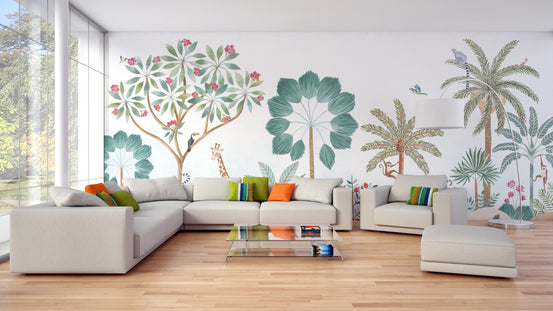 Tropical paradise wall mural with jungle trees and wildlife illustration.