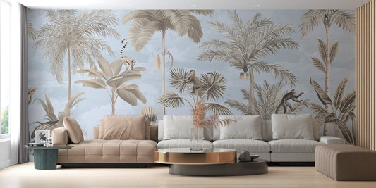 Tropical paradise wallpaper mural with sepia monkeys and palms.